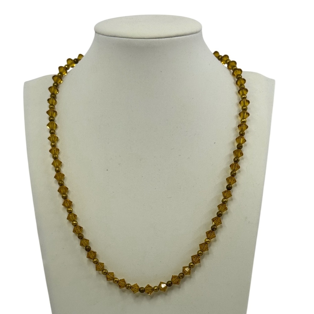 Vintage Amber Glass Bicone Bead Necklace Filigree Box Clasp Gold Tone Boho Retro
